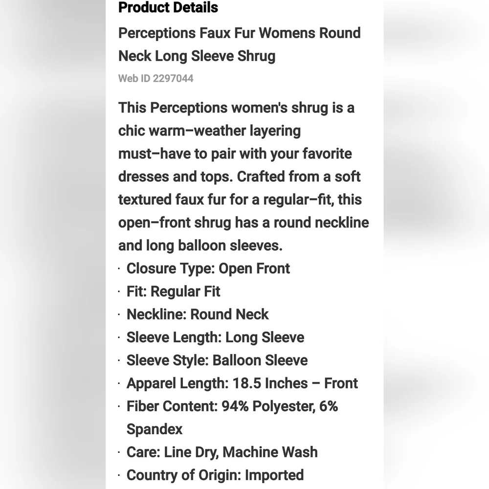 Perceptions Faux Fur Women's Round Neck Long Sleeve Shrug - Picture 12 of 12